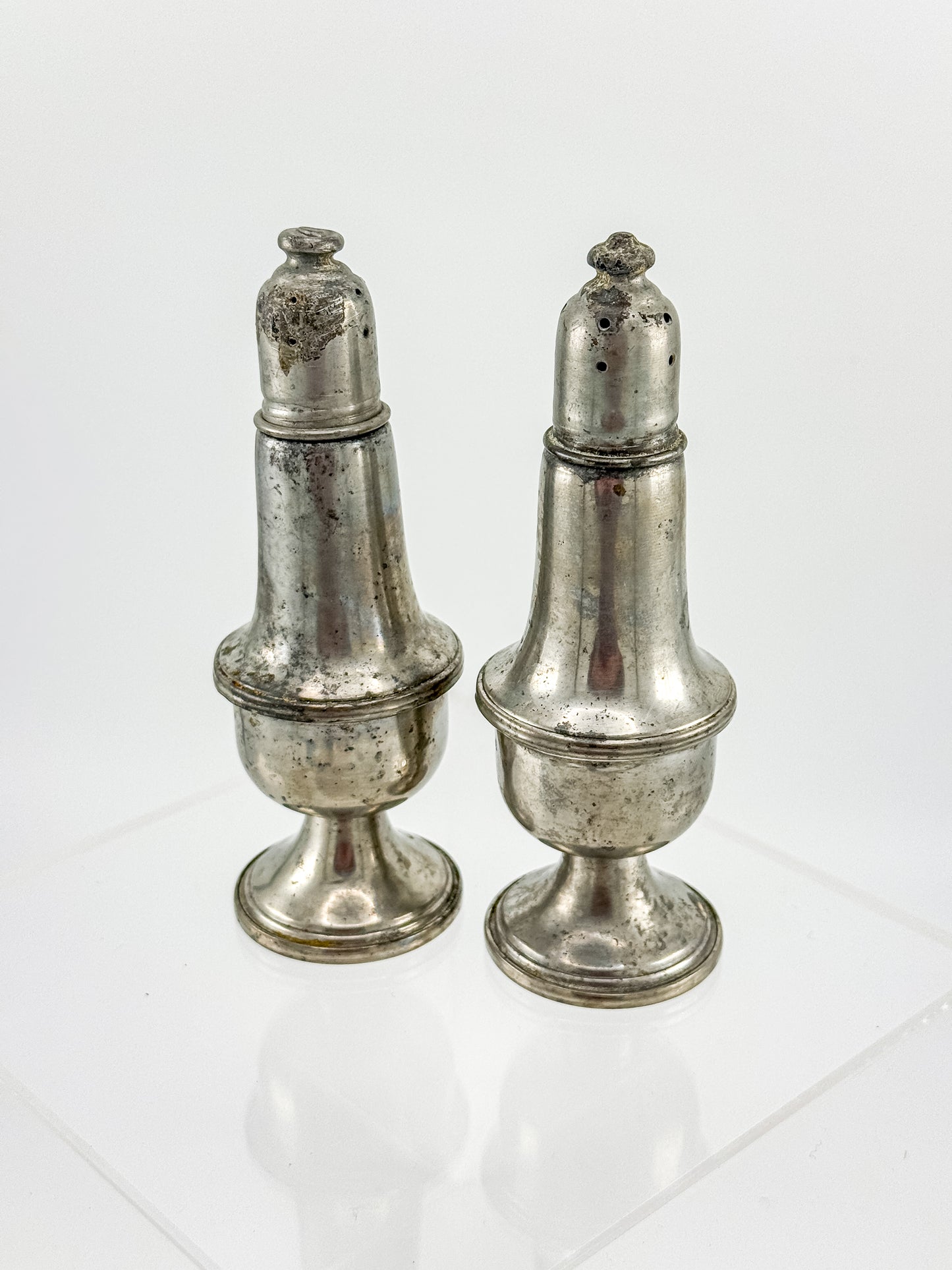 Reed & Barton Pewter Weighted Salt & Pepper Shakers | Baluster Form | Heavy Patina
