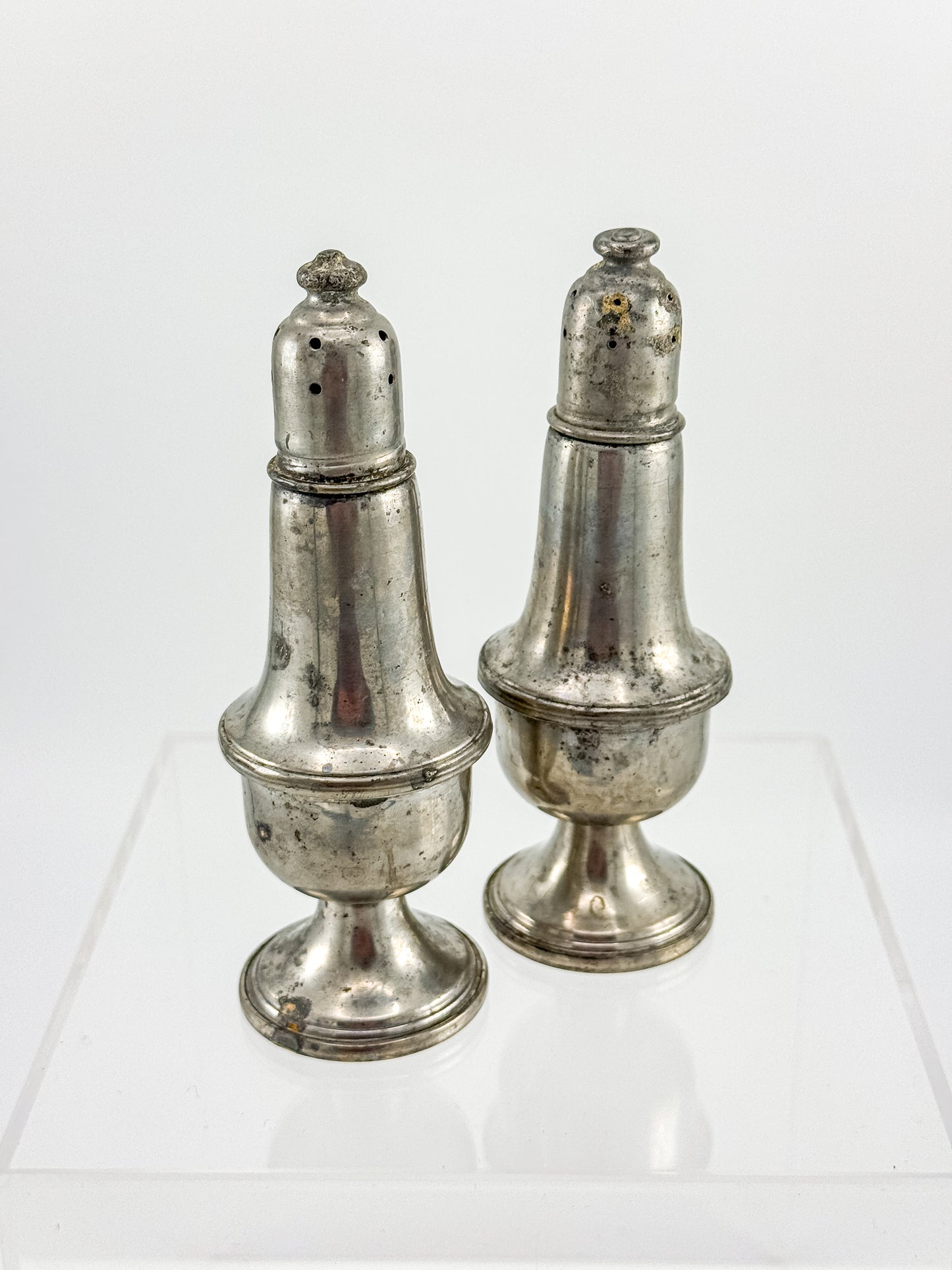 Reed & Barton Pewter Weighted Salt & Pepper Shakers | Baluster Form | Heavy Patina