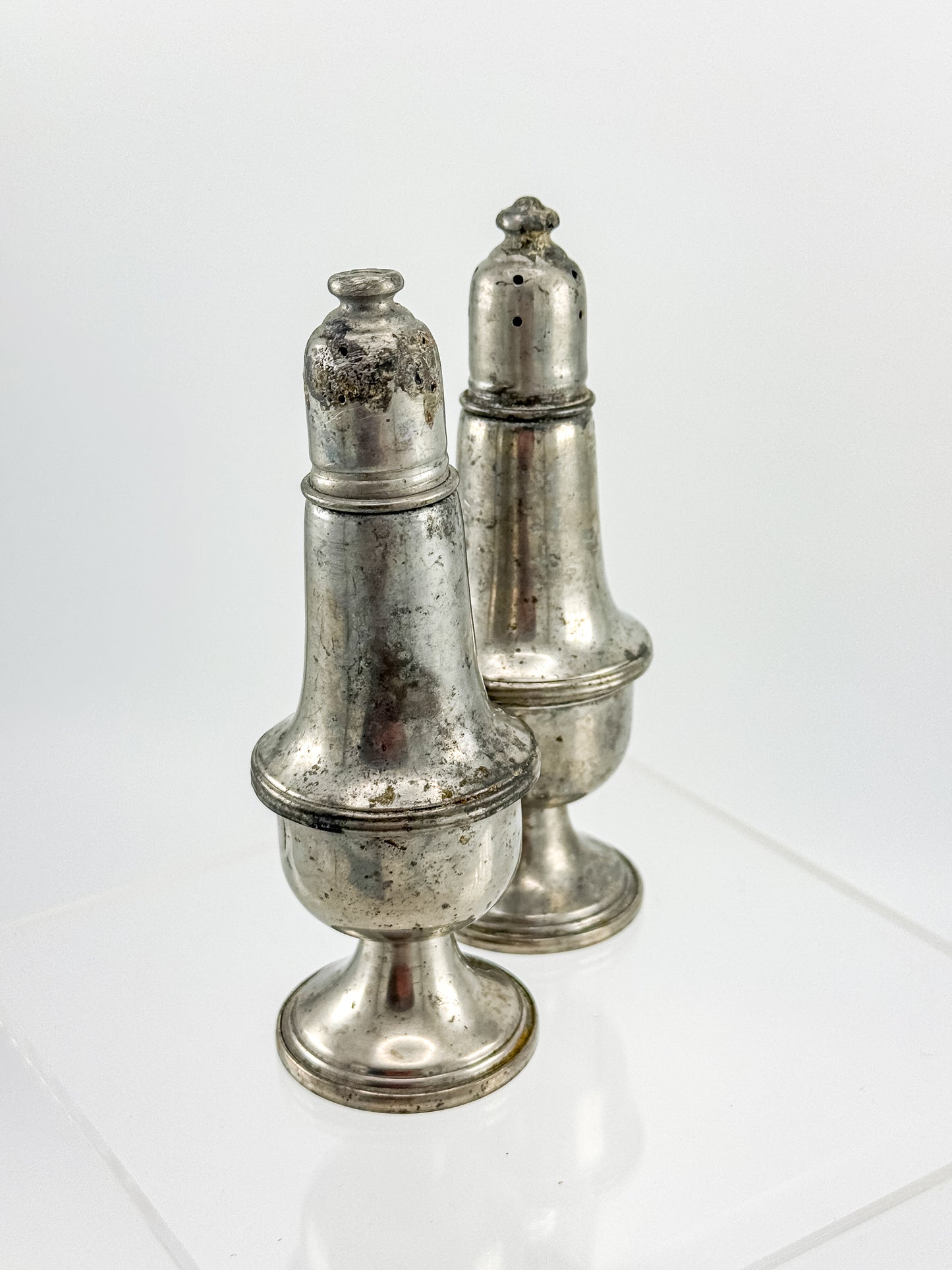 Reed & Barton Pewter Weighted Salt & Pepper Shakers | Baluster Form | Heavy Patina