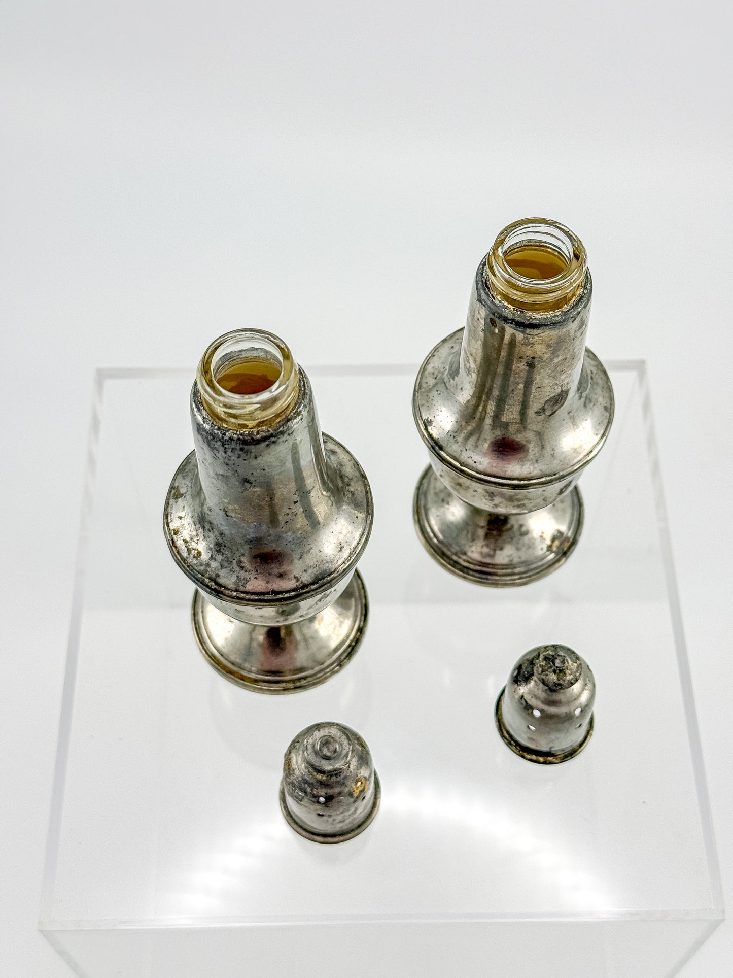 Reed & Barton Pewter Weighted Salt & Pepper Shakers | Baluster Form | Heavy Patina