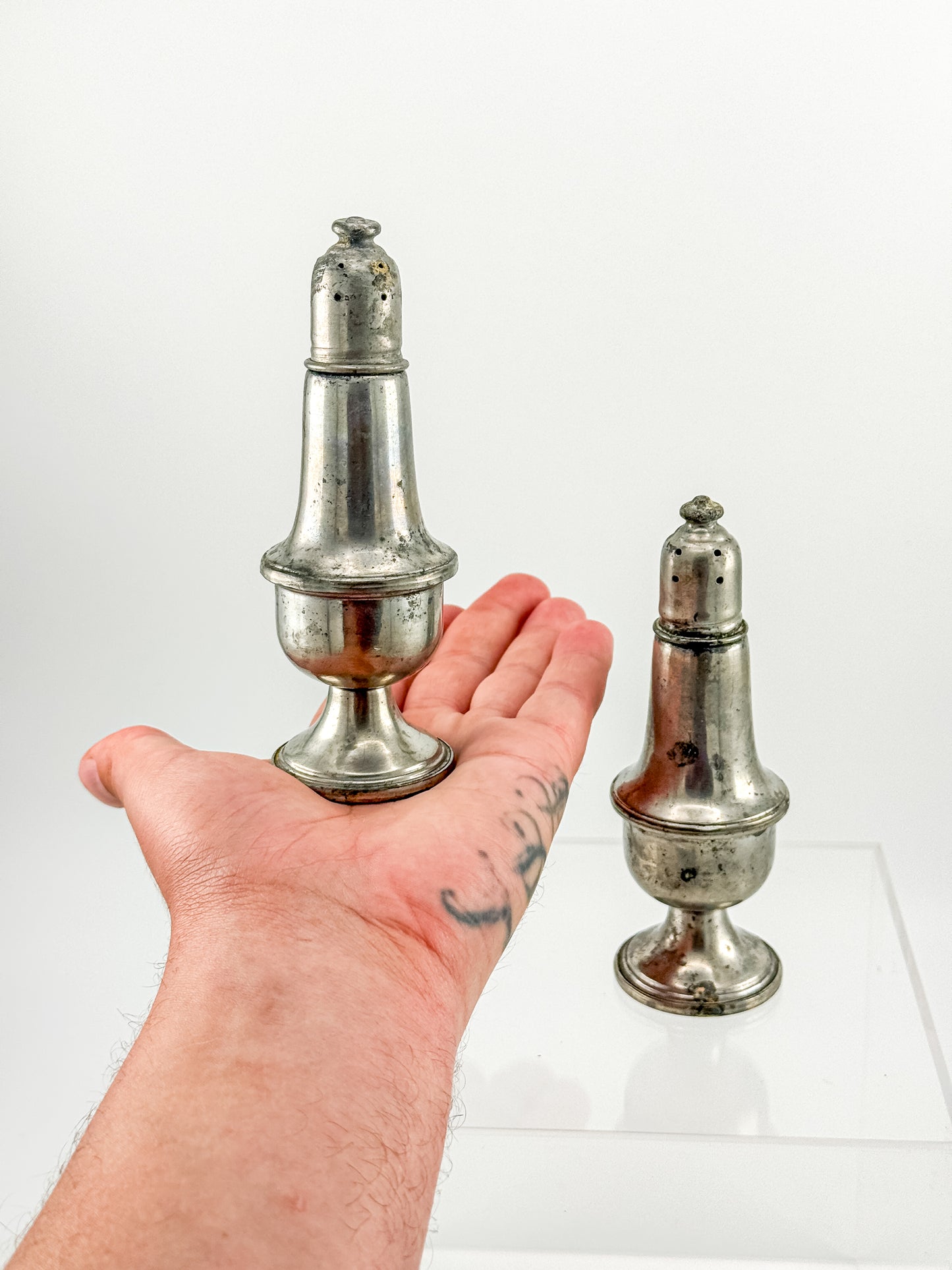 Reed & Barton Pewter Weighted Salt & Pepper Shakers | Baluster Form | Heavy Patina
