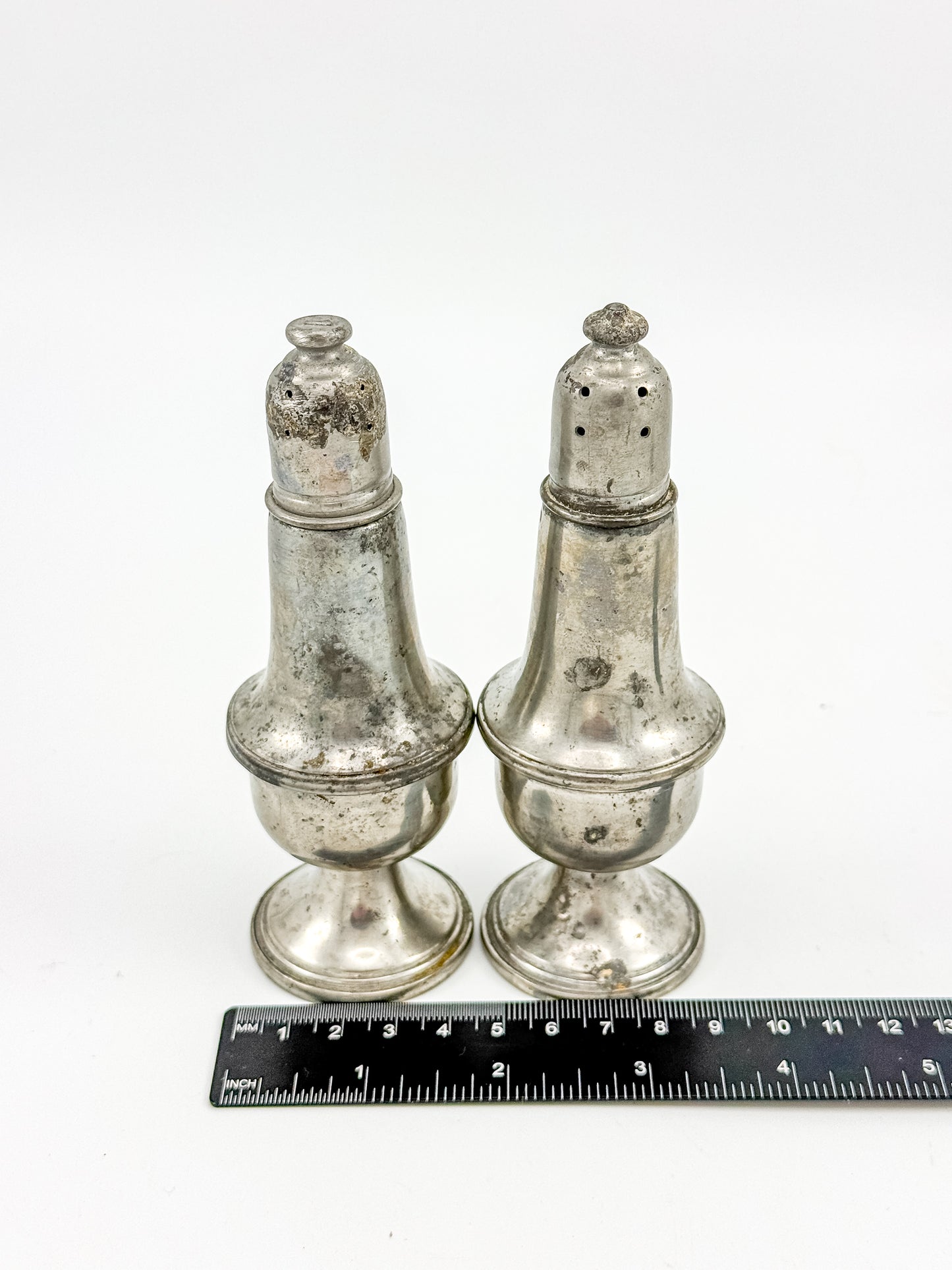 Reed & Barton Pewter Weighted Salt & Pepper Shakers | Baluster Form | Heavy Patina