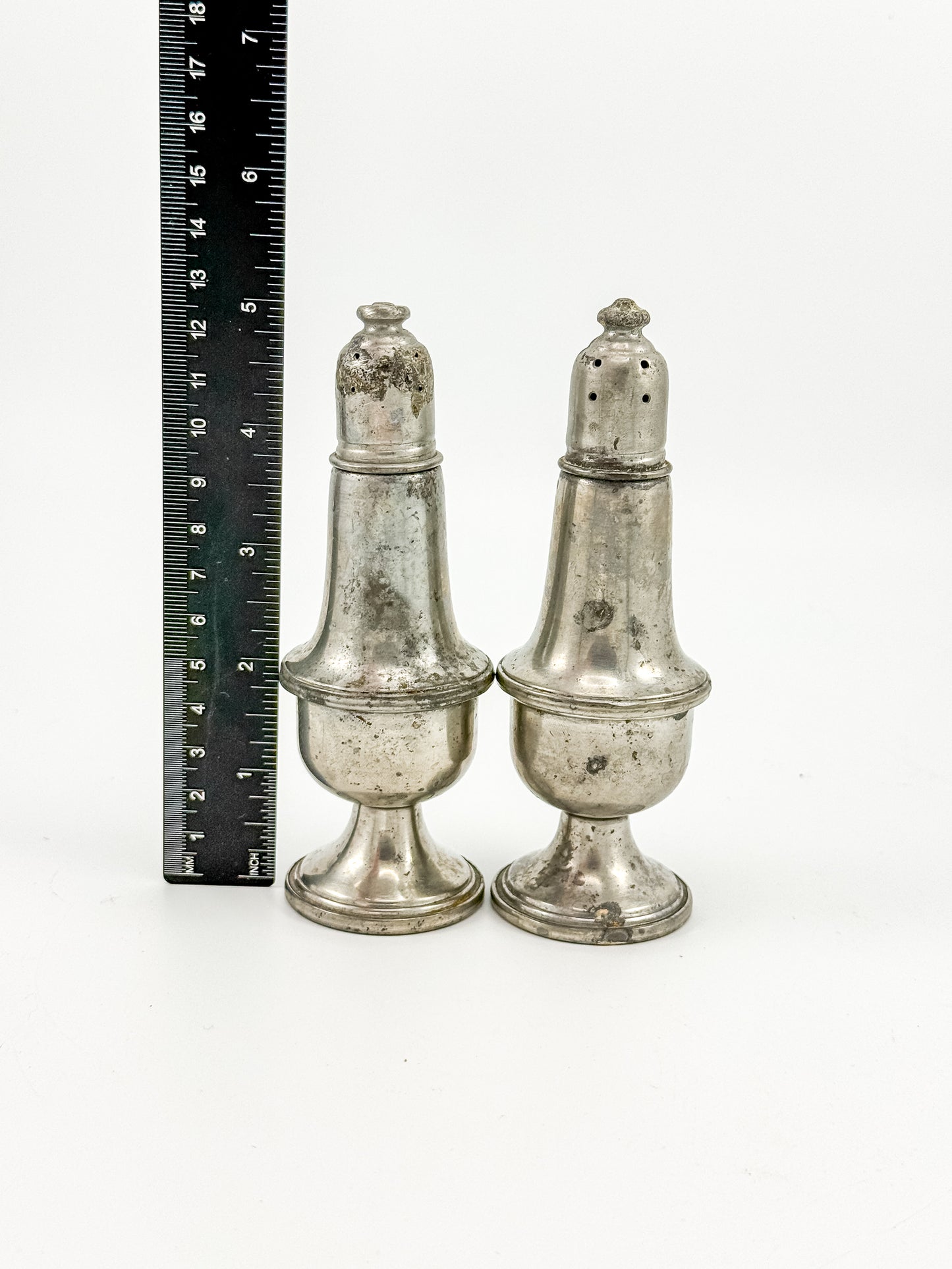 Reed & Barton Pewter Weighted Salt & Pepper Shakers | Baluster Form | Heavy Patina