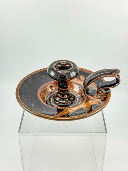 Vintage Studio Pottery Chamberstick Candle Holder with Tenmoku Glaze, Signed Artist Piece