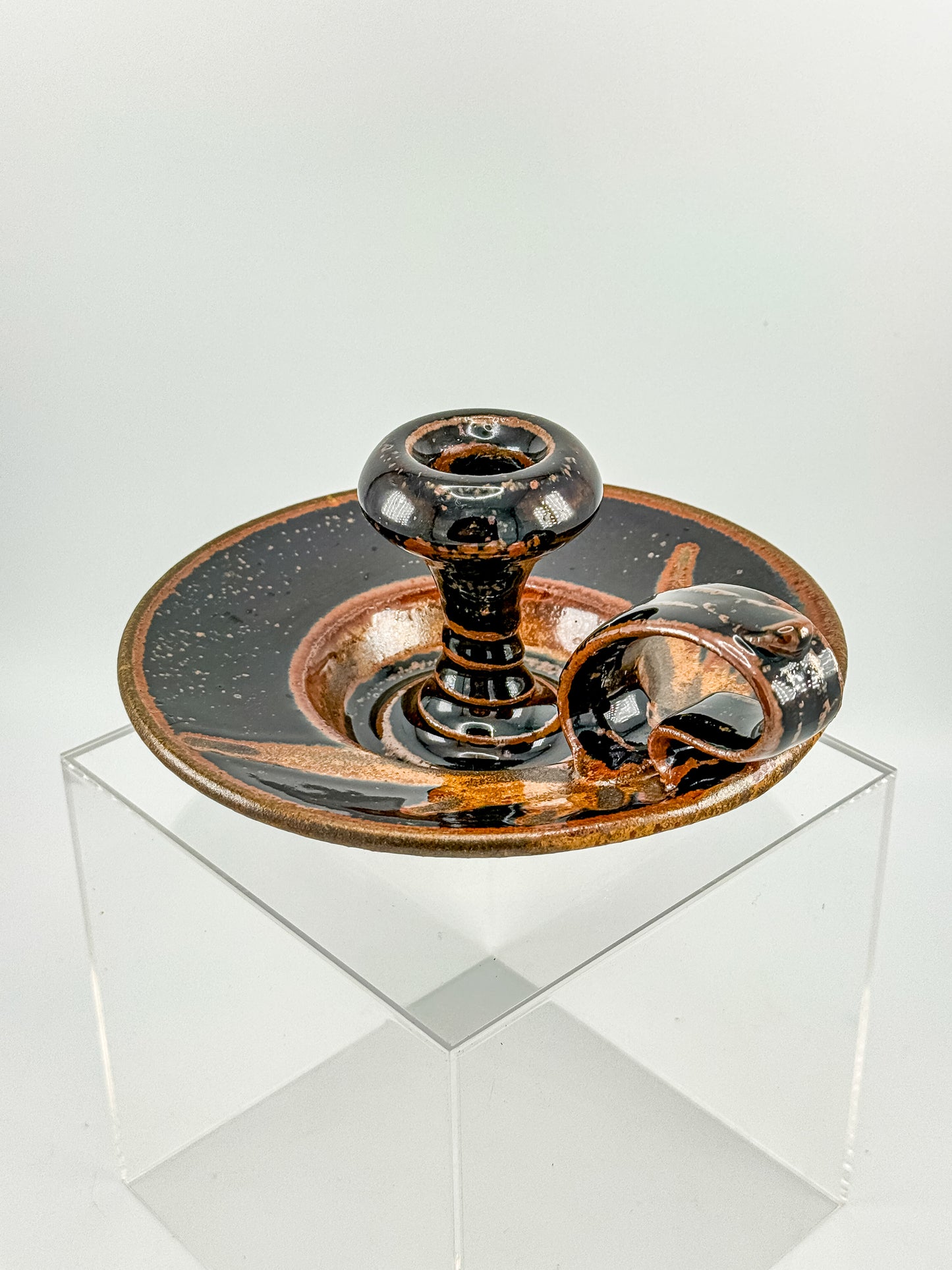 Vintage Studio Pottery Chamberstick Candle Holder with Tenmoku Glaze, Signed Artist Piece