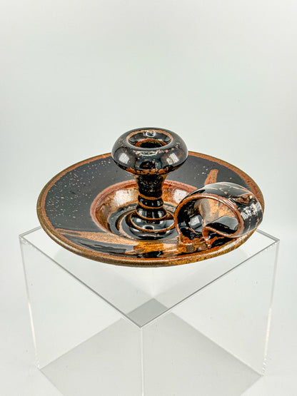 Vintage Studio Pottery Chamberstick Candle Holder with Tenmoku Glaze, Signed Artist Piece