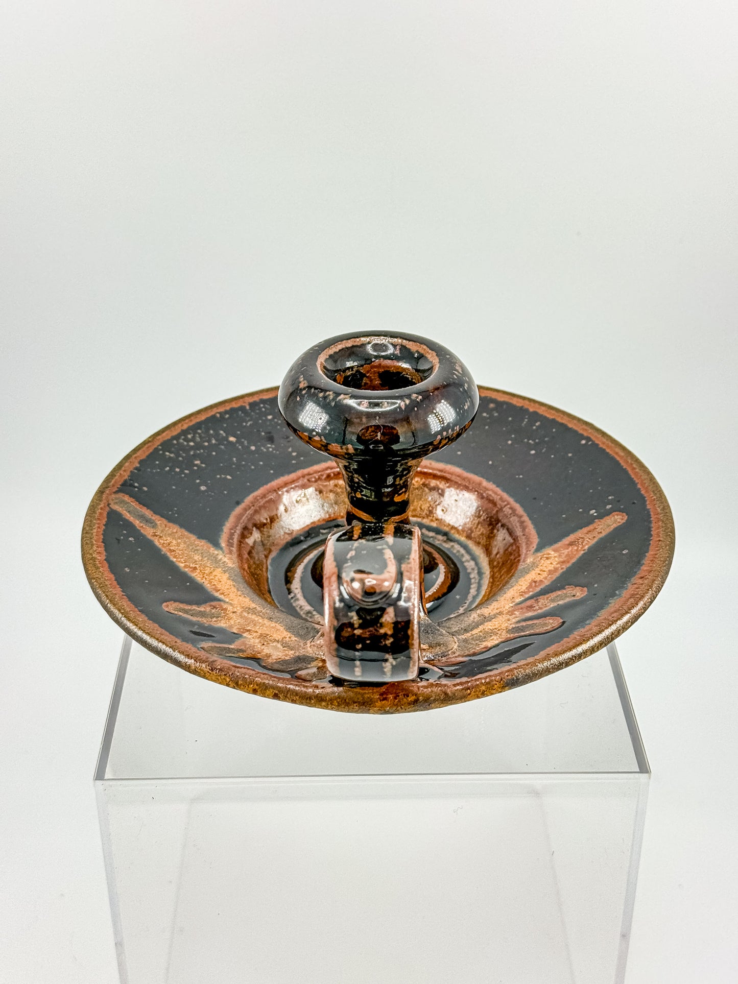 Vintage Studio Pottery Chamberstick Candle Holder with Tenmoku Glaze, Signed Artist Piece