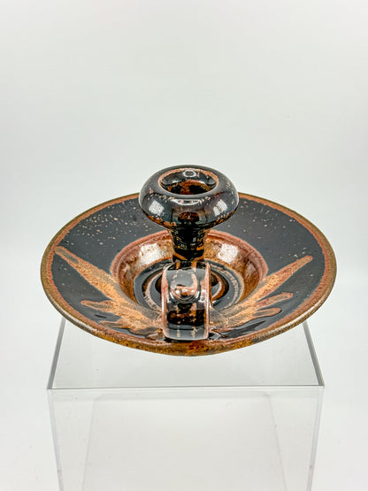 Vintage Studio Pottery Chamberstick Candle Holder with Tenmoku Glaze, Signed Artist Piece