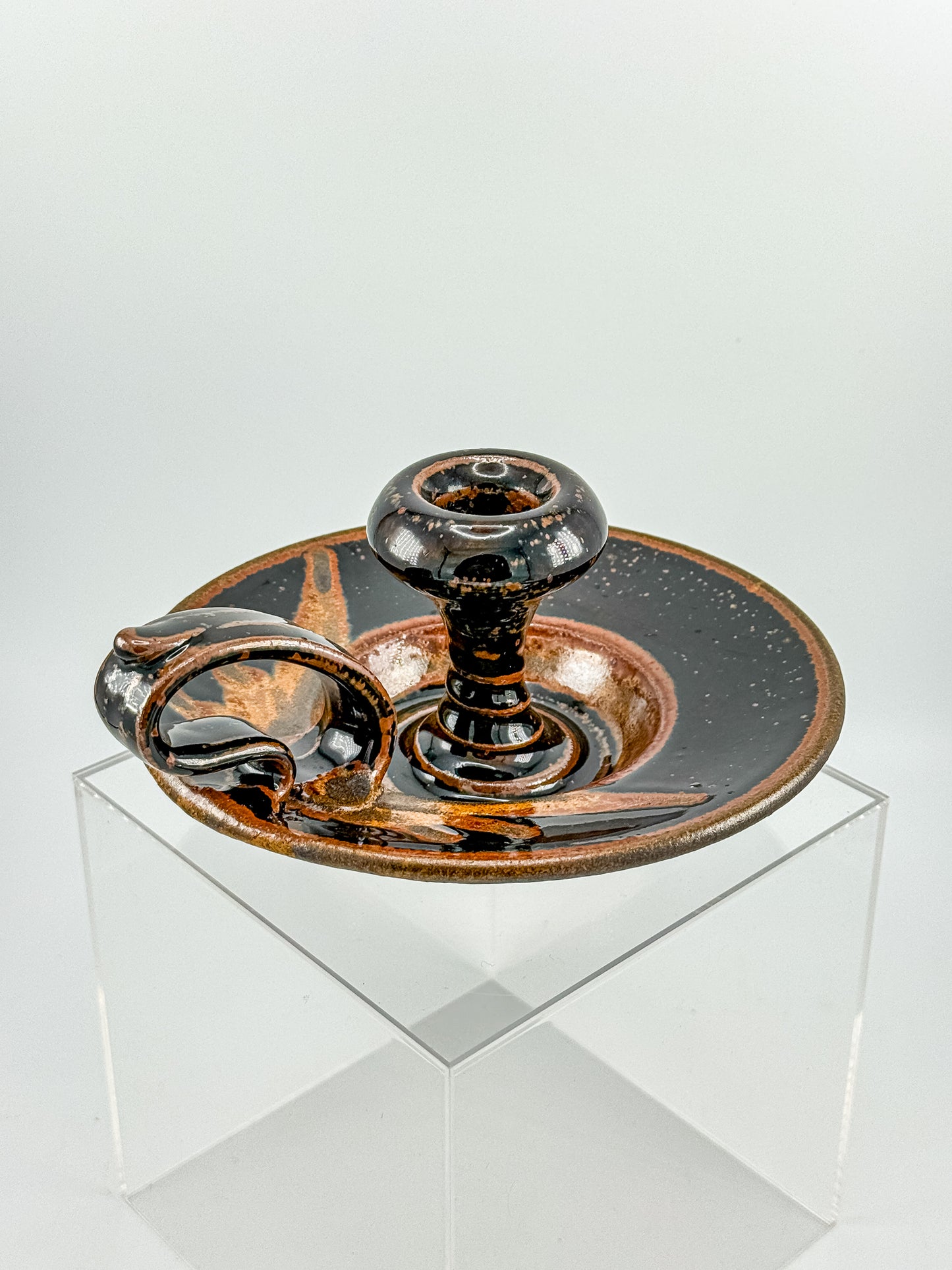 Vintage Studio Pottery Chamberstick Candle Holder with Tenmoku Glaze, Signed Artist Piece