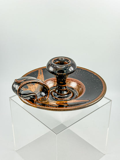 Vintage Studio Pottery Chamberstick Candle Holder with Tenmoku Glaze, Signed Artist Piece