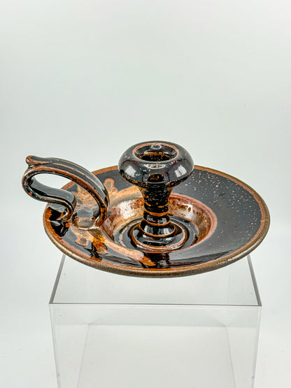 Vintage Studio Pottery Chamberstick Candle Holder with Tenmoku Glaze, Signed Artist Piece