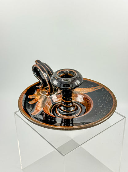 Vintage Studio Pottery Chamberstick Candle Holder with Tenmoku Glaze, Signed Artist Piece