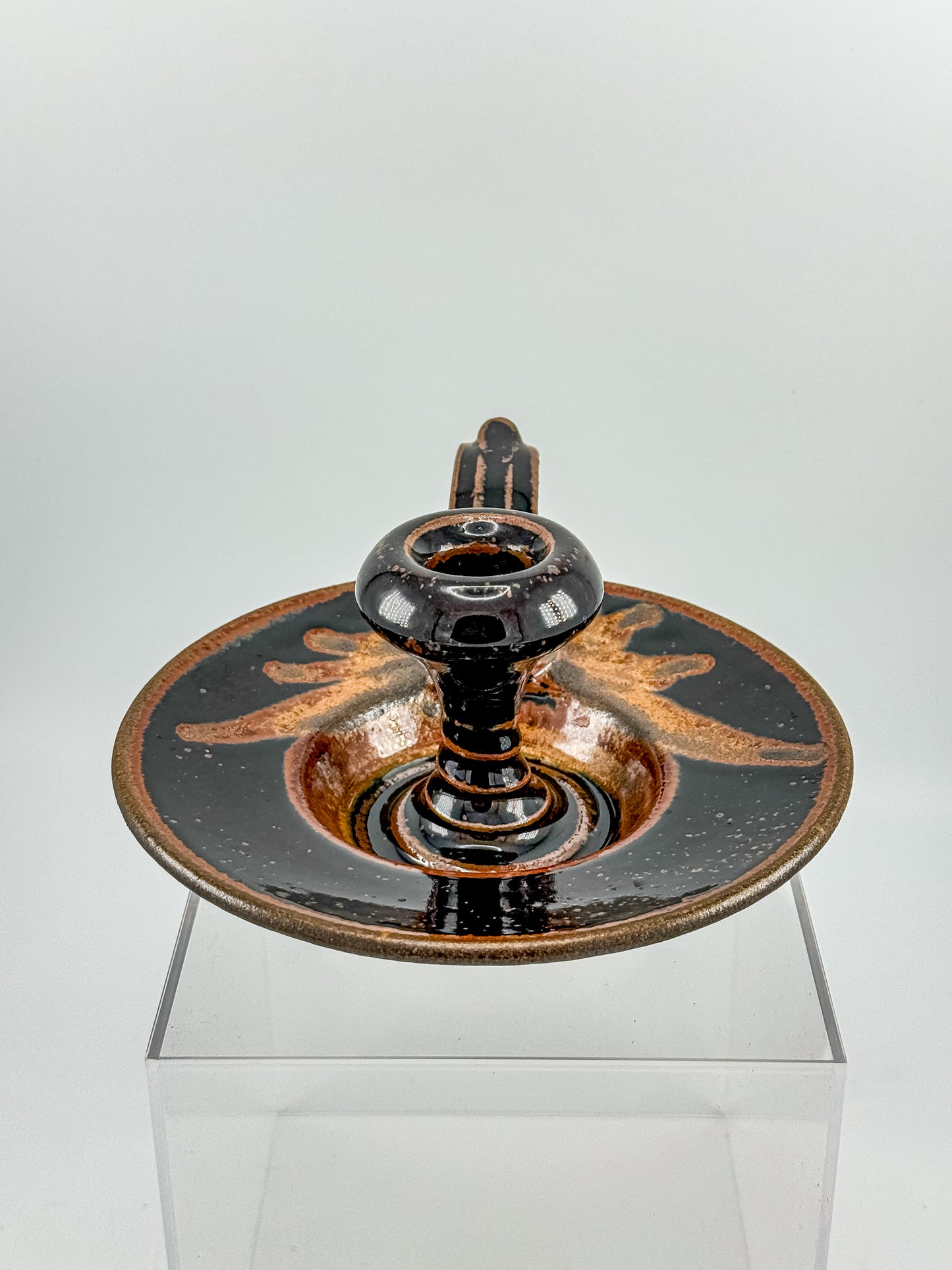 Vintage Studio Pottery Chamberstick Candle Holder with Tenmoku Glaze, Signed Artist Piece