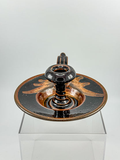 Vintage Studio Pottery Chamberstick Candle Holder with Tenmoku Glaze, Signed Artist Piece