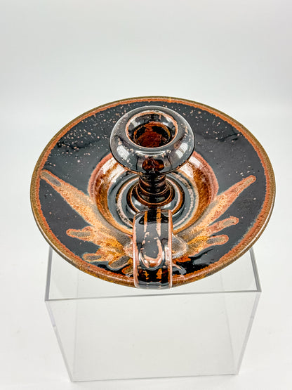 Vintage Studio Pottery Chamberstick Candle Holder with Tenmoku Glaze, Signed Artist Piece