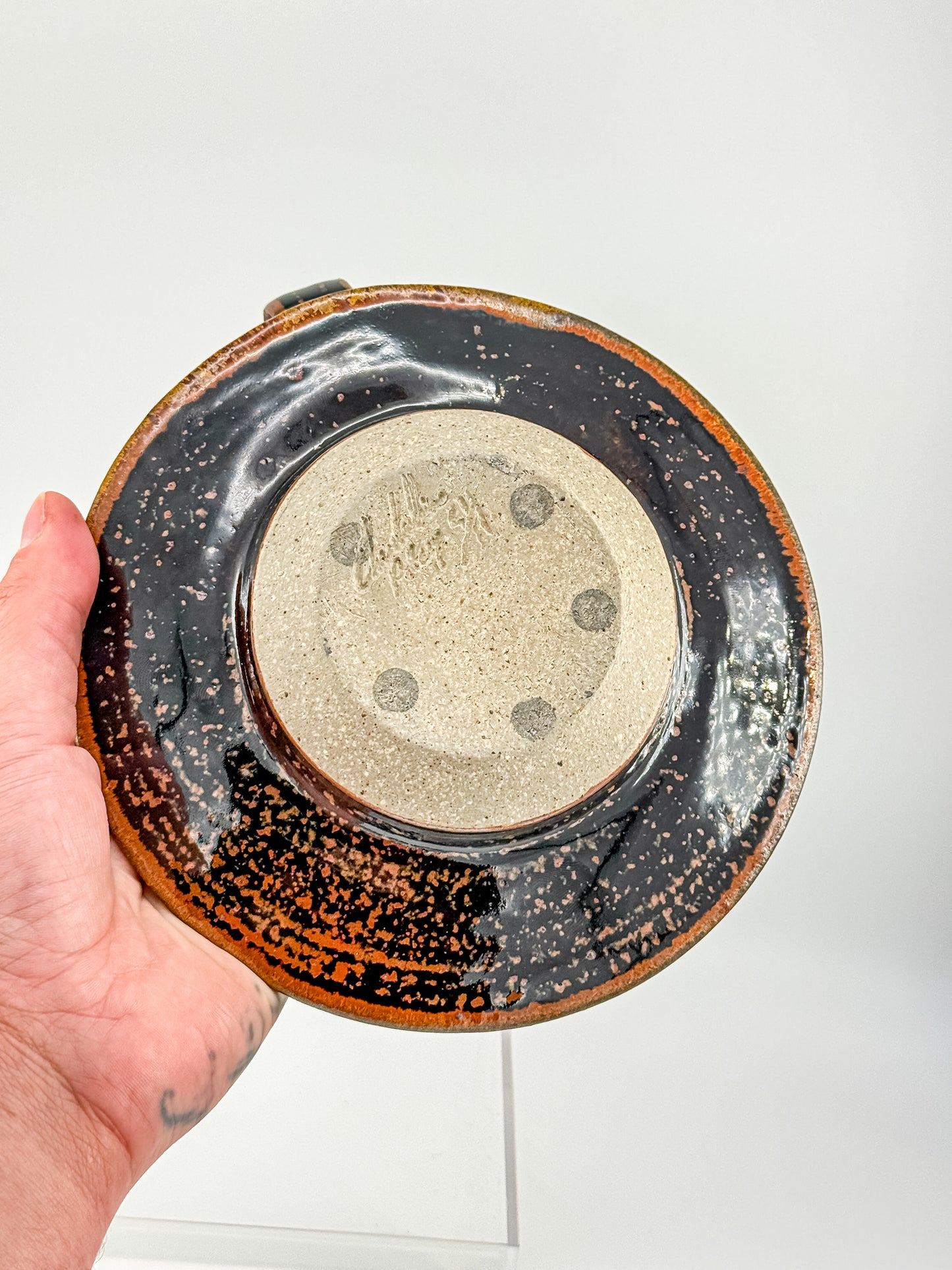 Vintage Studio Pottery Chamberstick Candle Holder with Tenmoku Glaze, Signed Artist Piece