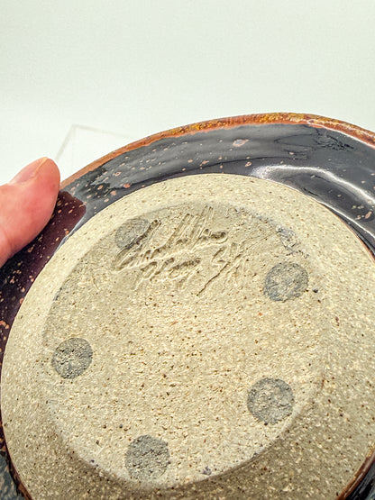 Vintage Studio Pottery Chamberstick Candle Holder with Tenmoku Glaze, Signed Artist Piece
