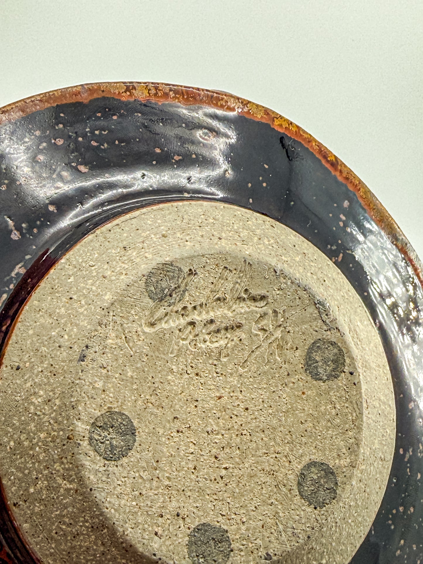 Vintage Studio Pottery Chamberstick Candle Holder with Tenmoku Glaze, Signed Artist Piece