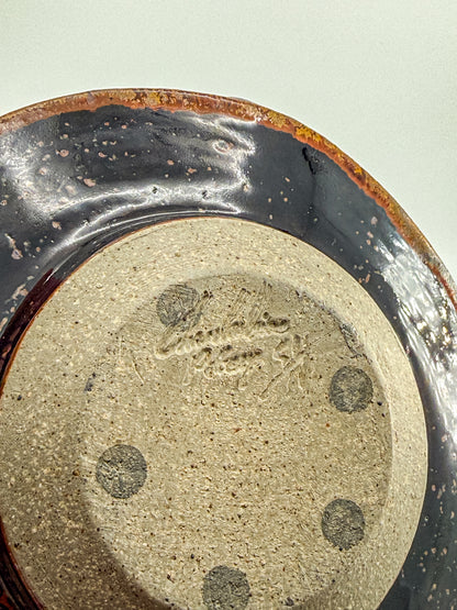 Vintage Studio Pottery Chamberstick Candle Holder with Tenmoku Glaze, Signed Artist Piece