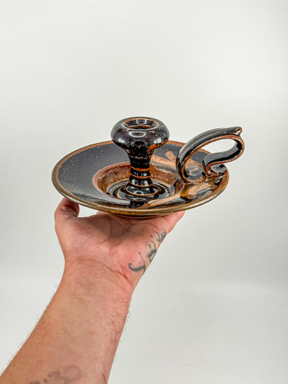 Vintage Studio Pottery Chamberstick Candle Holder with Tenmoku Glaze, Signed Artist Piece