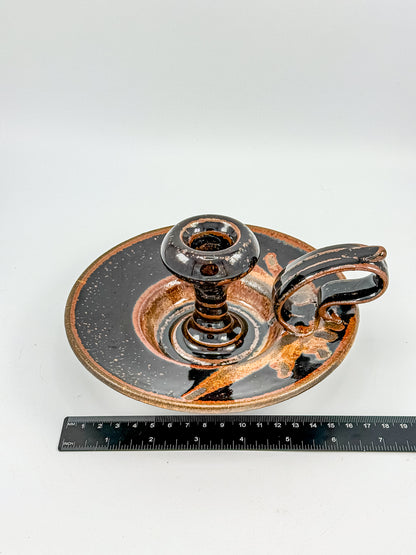 Vintage Studio Pottery Chamberstick Candle Holder with Tenmoku Glaze, Signed Artist Piece