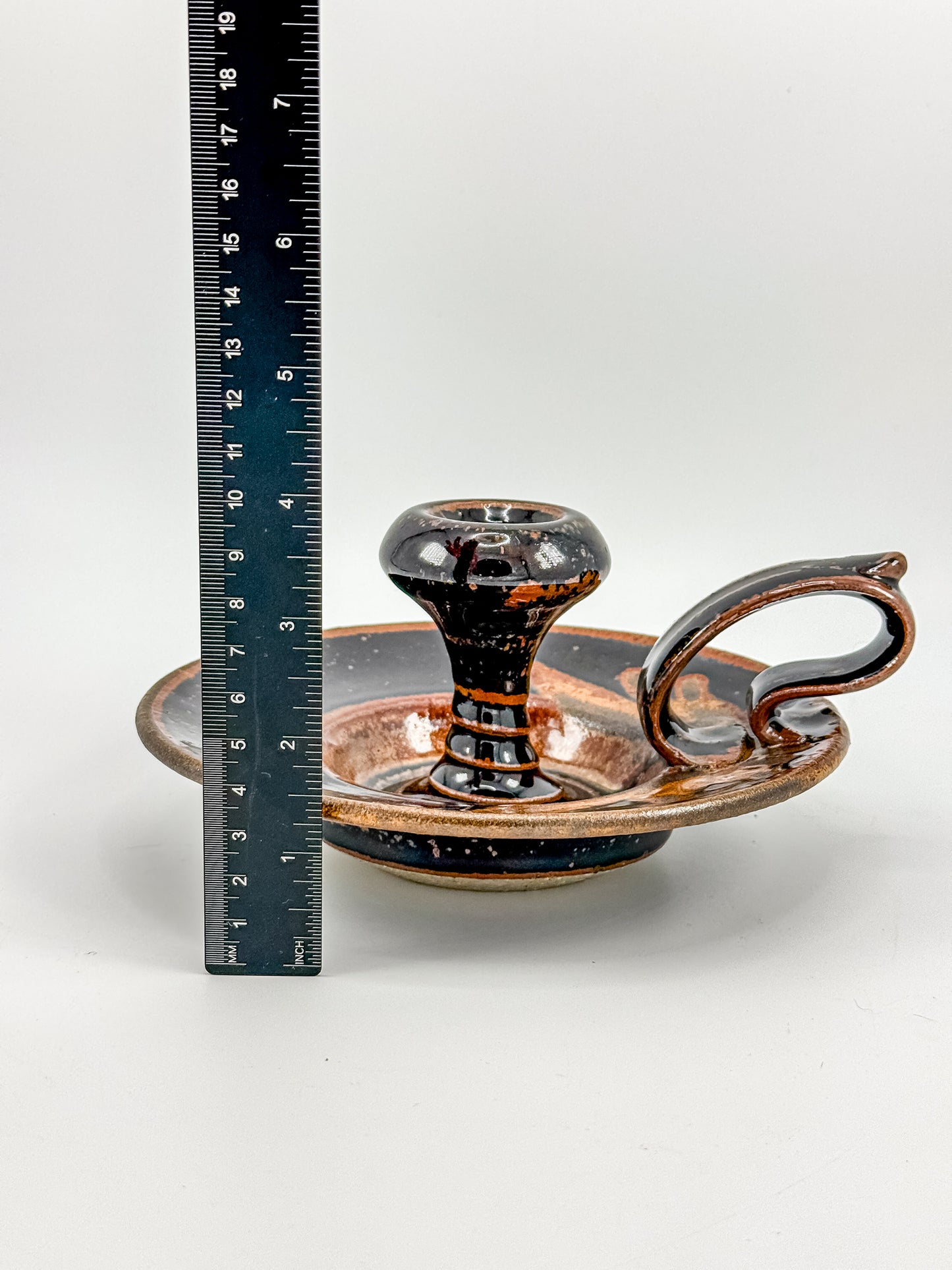 Vintage Studio Pottery Chamberstick Candle Holder with Tenmoku Glaze, Signed Artist Piece