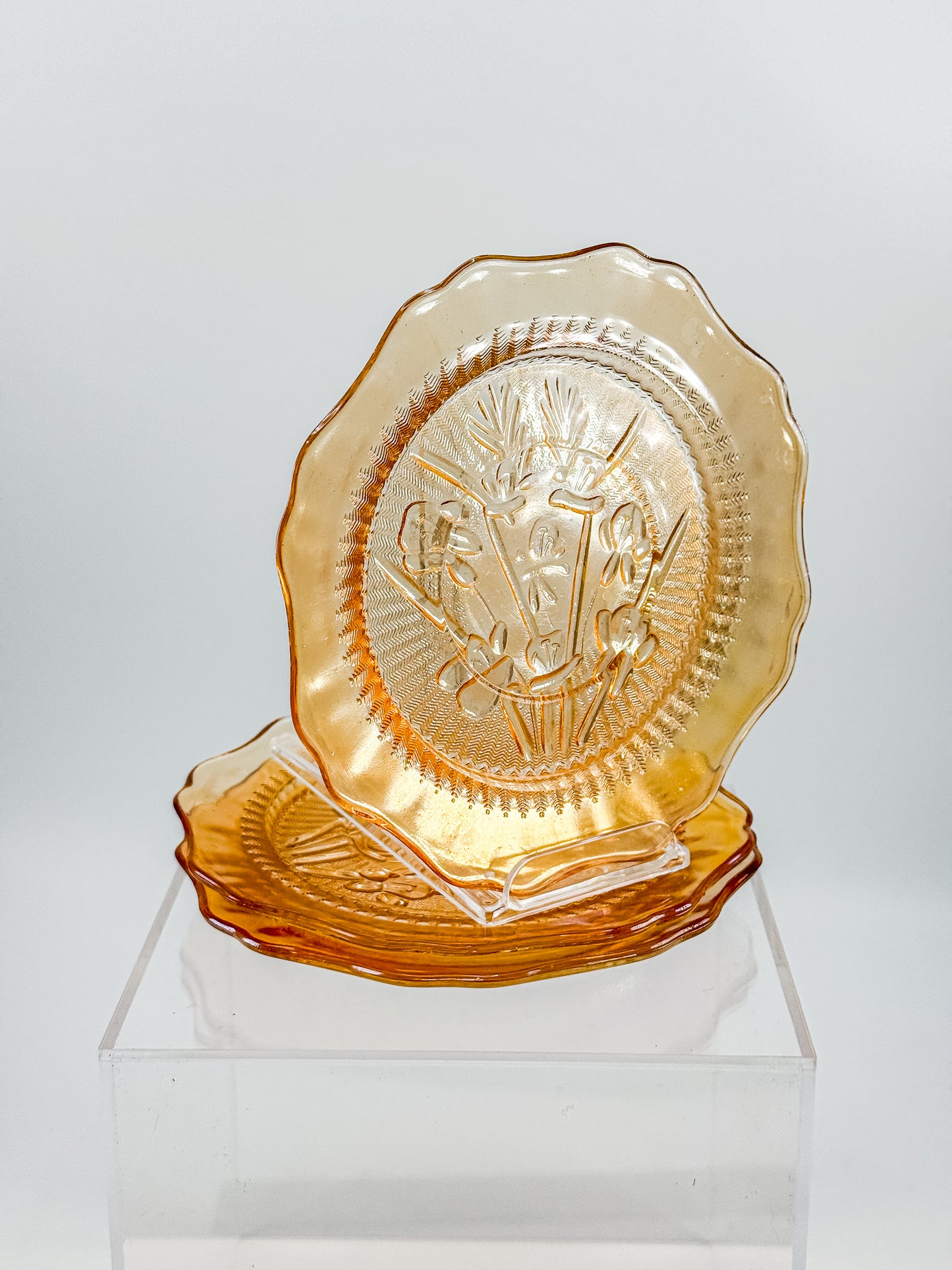 Jeannette Glass Iris & Herringbone Marigold Iridescent Bread Plates | Set of 3