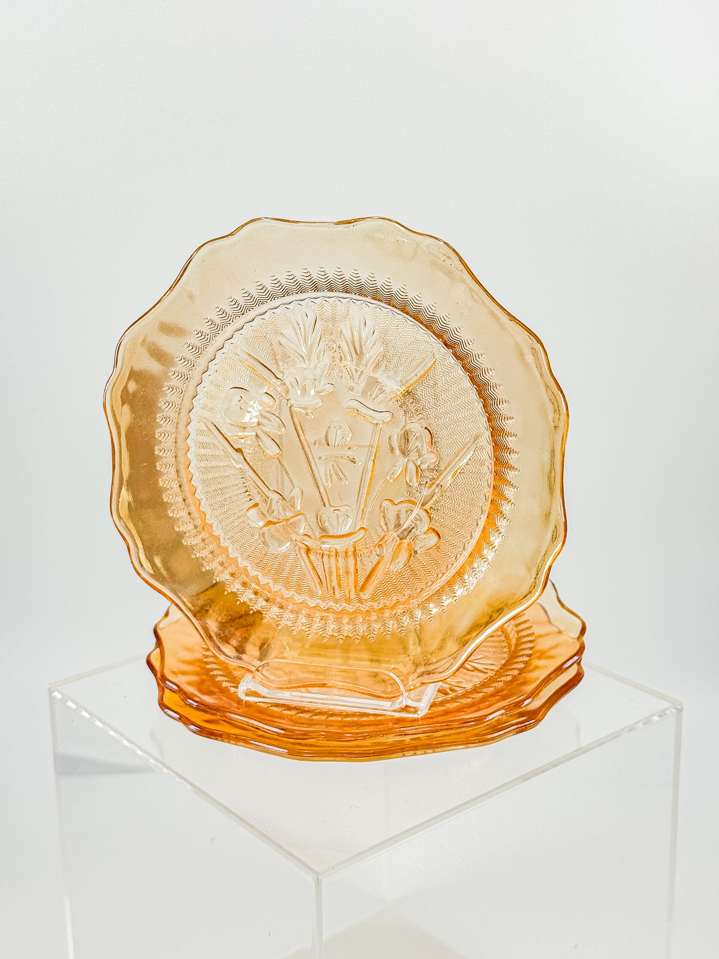 Jeannette Glass Iris & Herringbone Marigold Iridescent Bread Plates | Set of 3