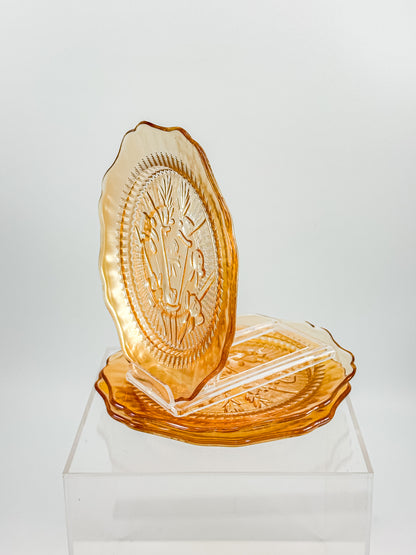 Jeannette Glass Iris & Herringbone Marigold Iridescent Bread Plates | Set of 3
