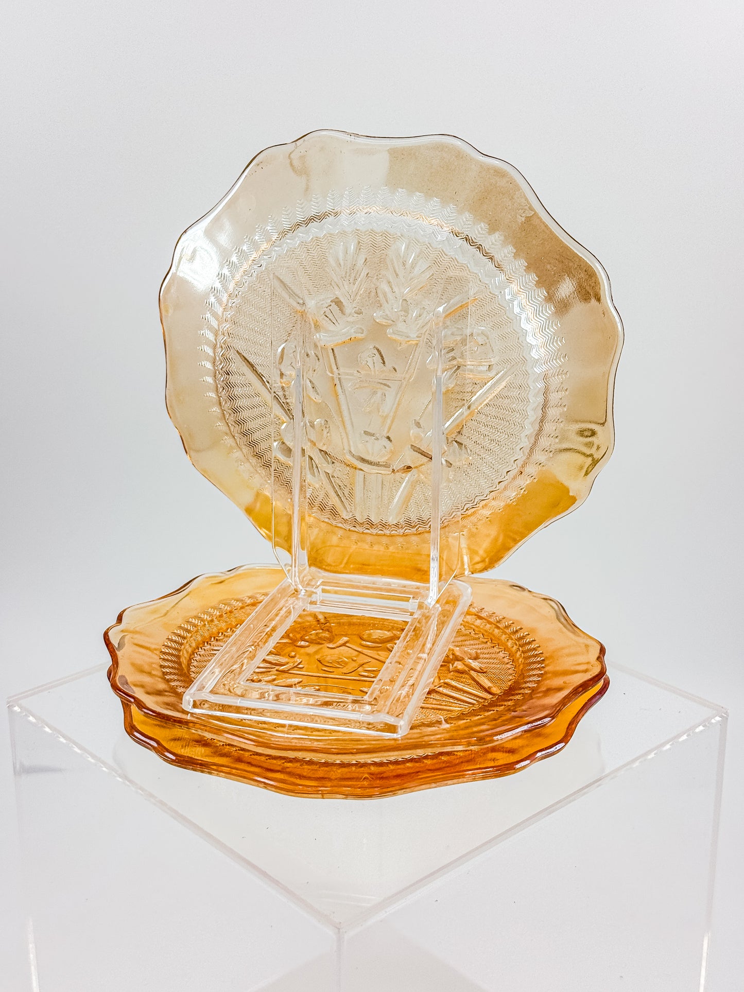 Jeannette Glass Iris & Herringbone Marigold Iridescent Bread Plates | Set of 3
