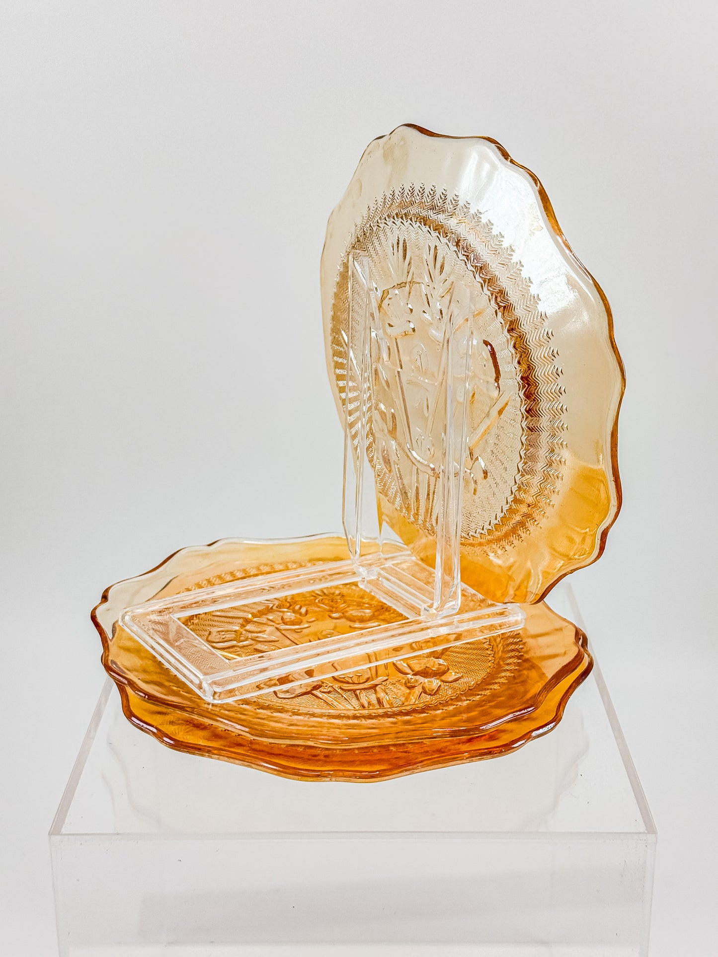 Jeannette Glass Iris & Herringbone Marigold Iridescent Bread Plates | Set of 3