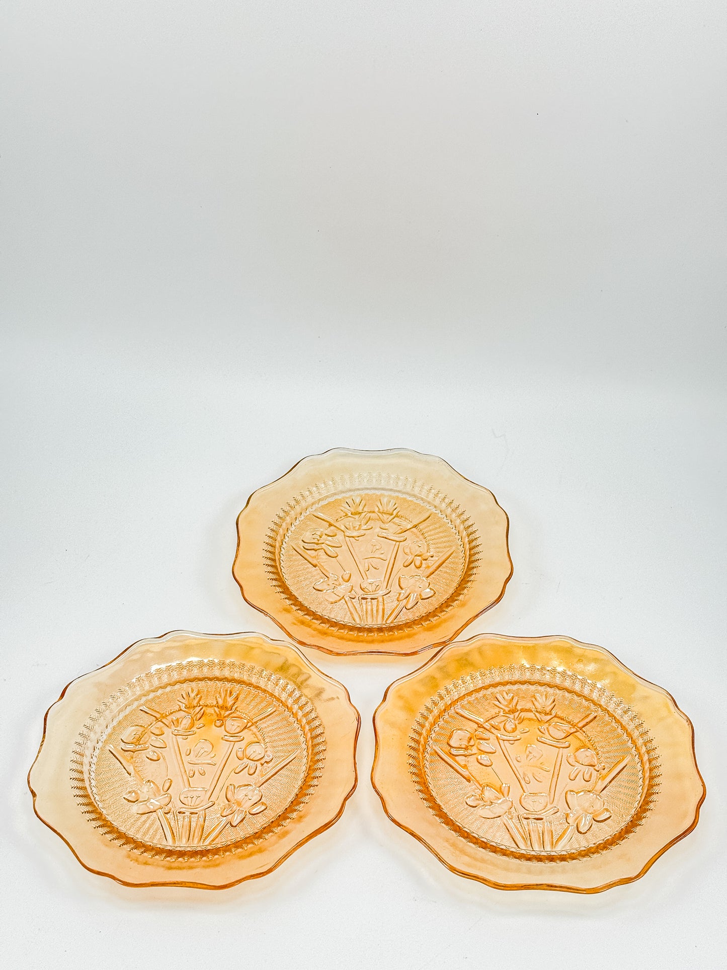 Jeannette Glass Iris & Herringbone Marigold Iridescent Bread Plates | Set of 3