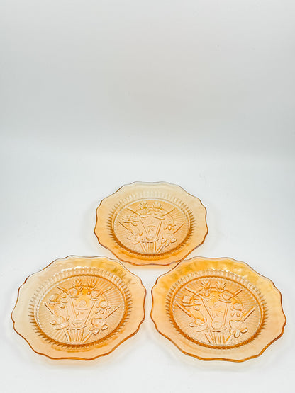 Jeannette Glass Iris & Herringbone Marigold Iridescent Bread Plates | Set of 3