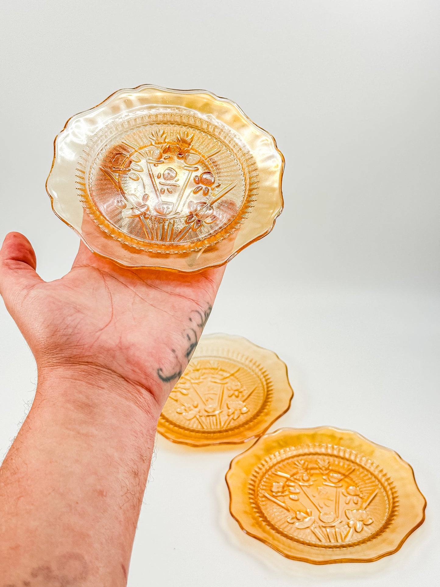 Jeannette Glass Iris & Herringbone Marigold Iridescent Bread Plates | Set of 3