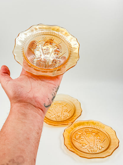 Jeannette Glass Iris & Herringbone Marigold Iridescent Bread Plates | Set of 3