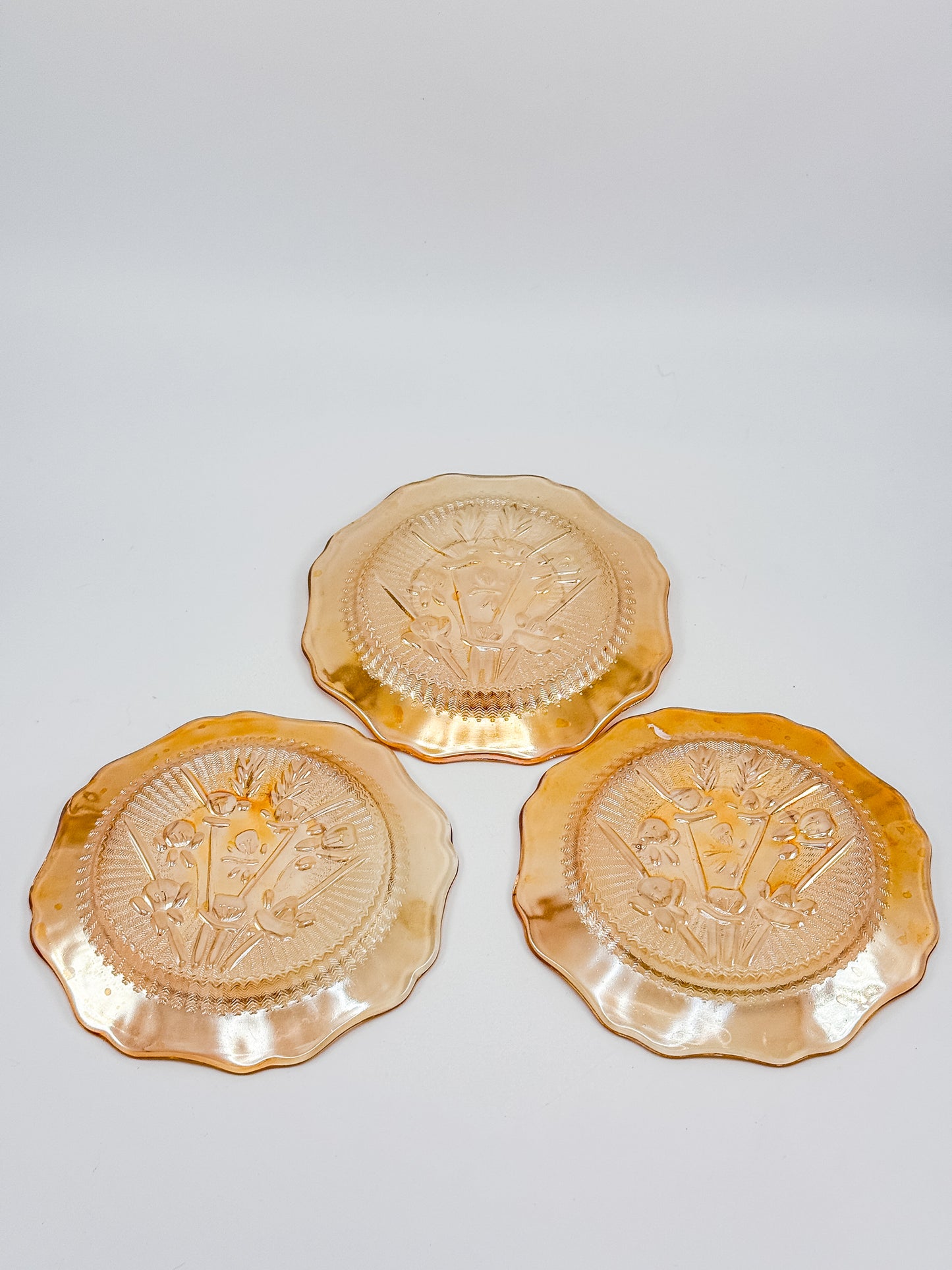 Jeannette Glass Iris & Herringbone Marigold Iridescent Bread Plates | Set of 3