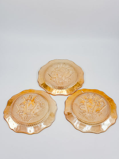 Jeannette Glass Iris & Herringbone Marigold Iridescent Bread Plates | Set of 3