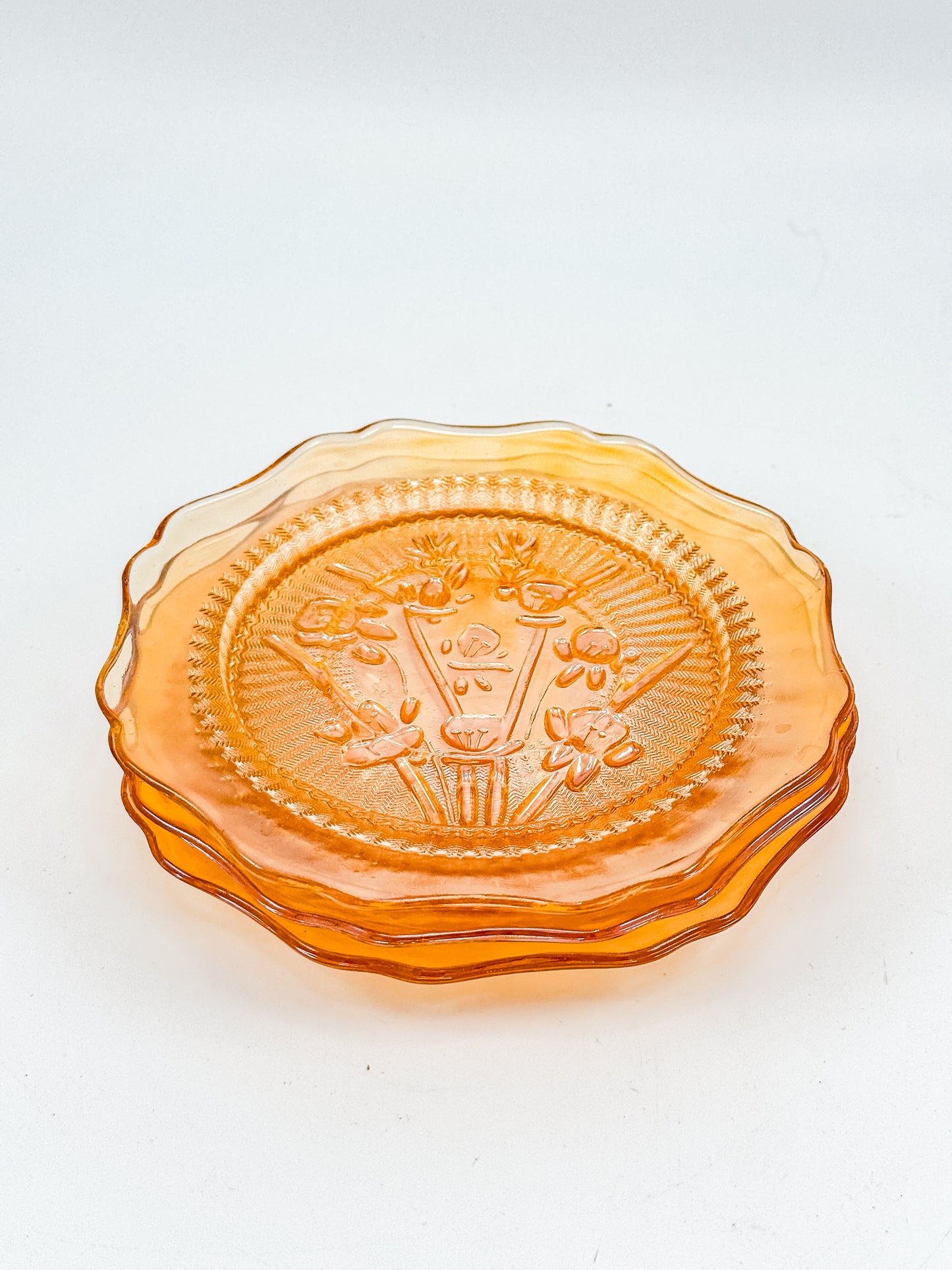 Jeannette Glass Iris & Herringbone Marigold Iridescent Bread Plates | Set of 3