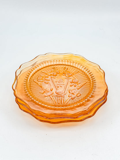 Jeannette Glass Iris & Herringbone Marigold Iridescent Bread Plates | Set of 3
