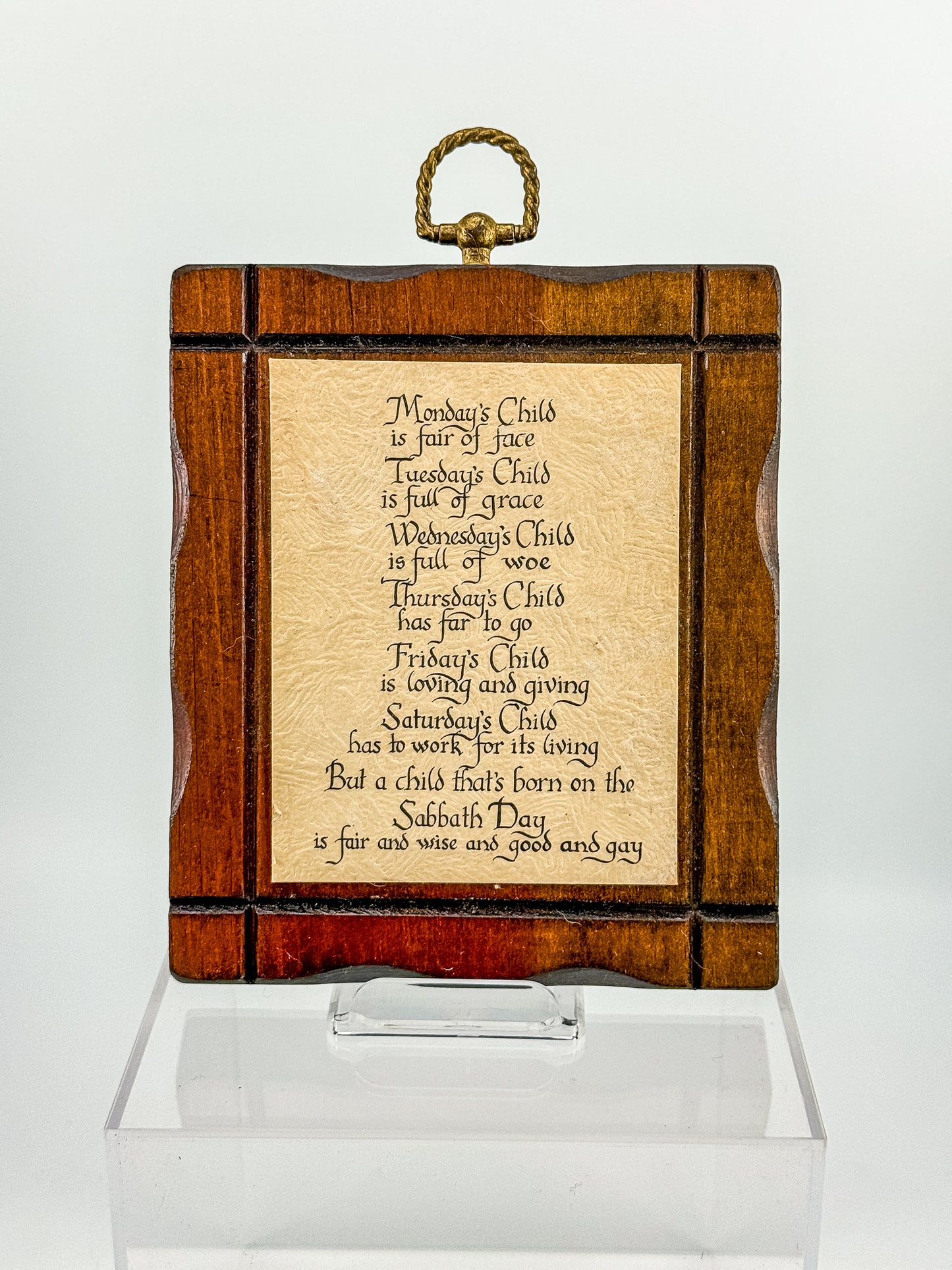 Vintage Monday's Child Nursery Rhyme Wood Wall Plaque | Calligraphy Script | Brass Ring Hanger