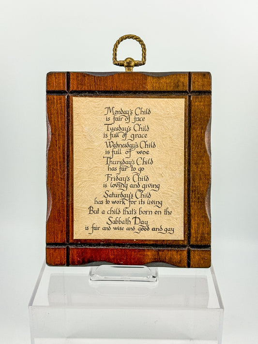 Vintage Monday's Child Nursery Rhyme Wood Wall Plaque | Calligraphy Script | Brass Ring Hanger