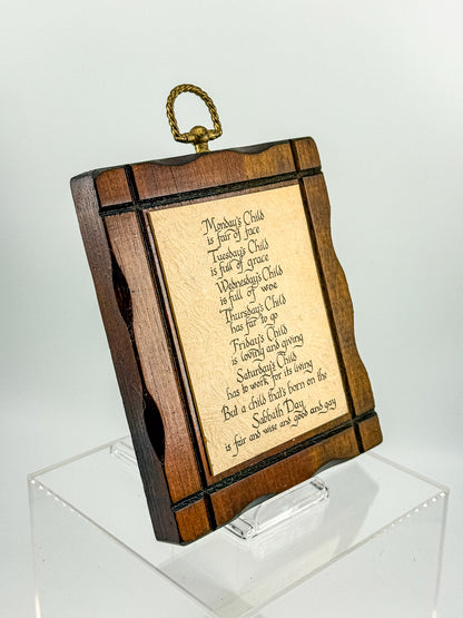 Vintage Monday's Child Nursery Rhyme Wood Wall Plaque | Calligraphy Script | Brass Ring Hanger