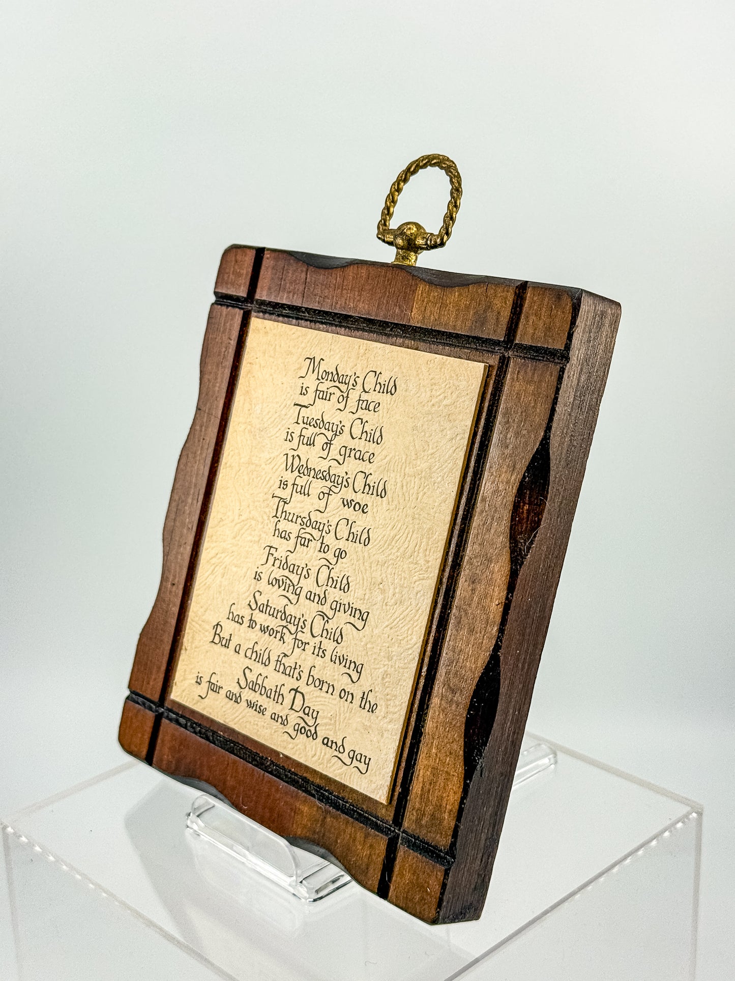 Vintage Monday's Child Nursery Rhyme Wood Wall Plaque | Calligraphy Script | Brass Ring Hanger