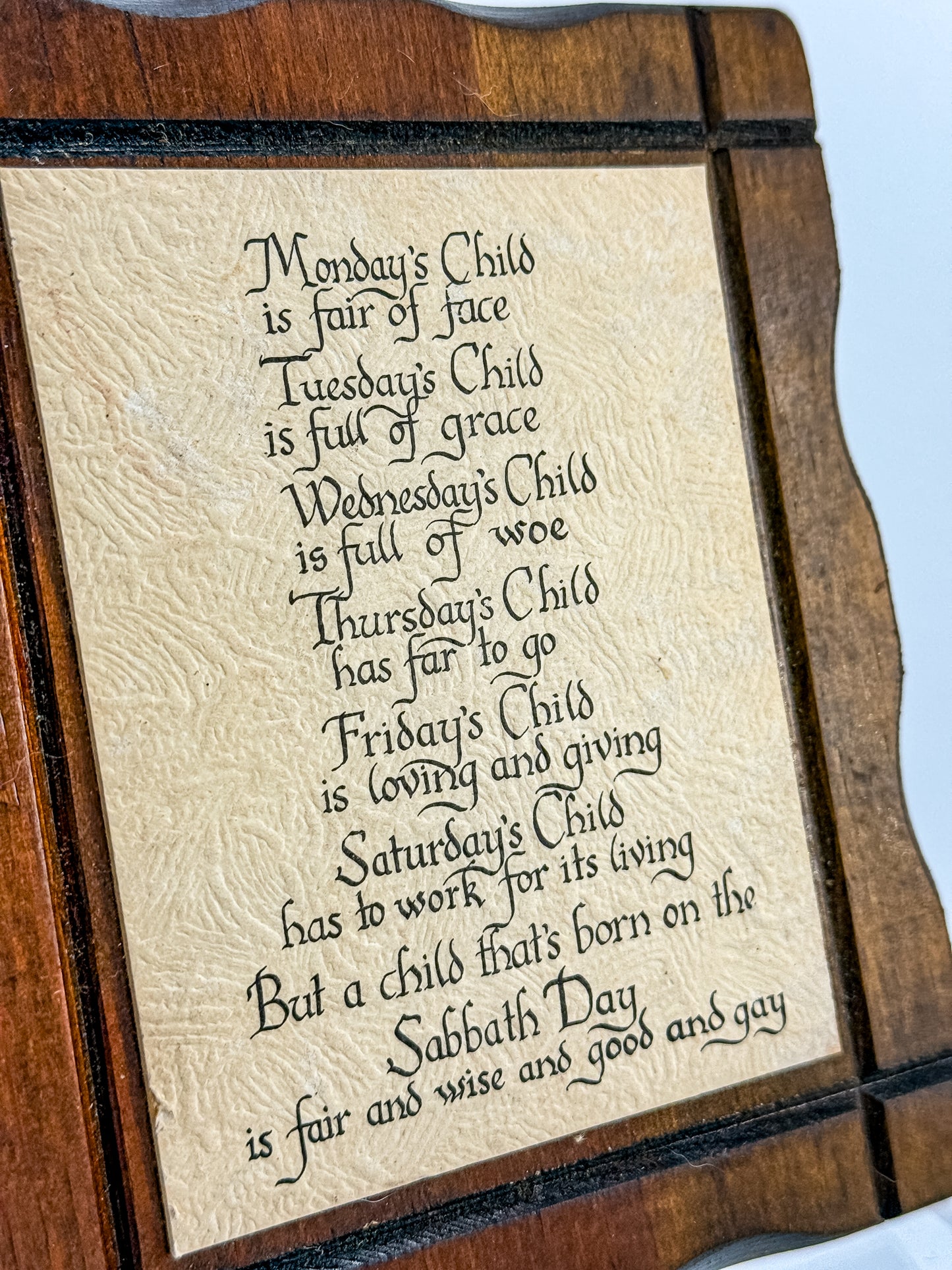 Vintage Monday's Child Nursery Rhyme Wood Wall Plaque | Calligraphy Script | Brass Ring Hanger
