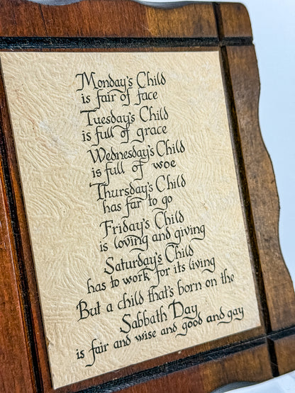 Vintage Monday's Child Nursery Rhyme Wood Wall Plaque | Calligraphy Script | Brass Ring Hanger