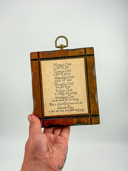 Vintage Monday's Child Nursery Rhyme Wood Wall Plaque | Calligraphy Script | Brass Ring Hanger