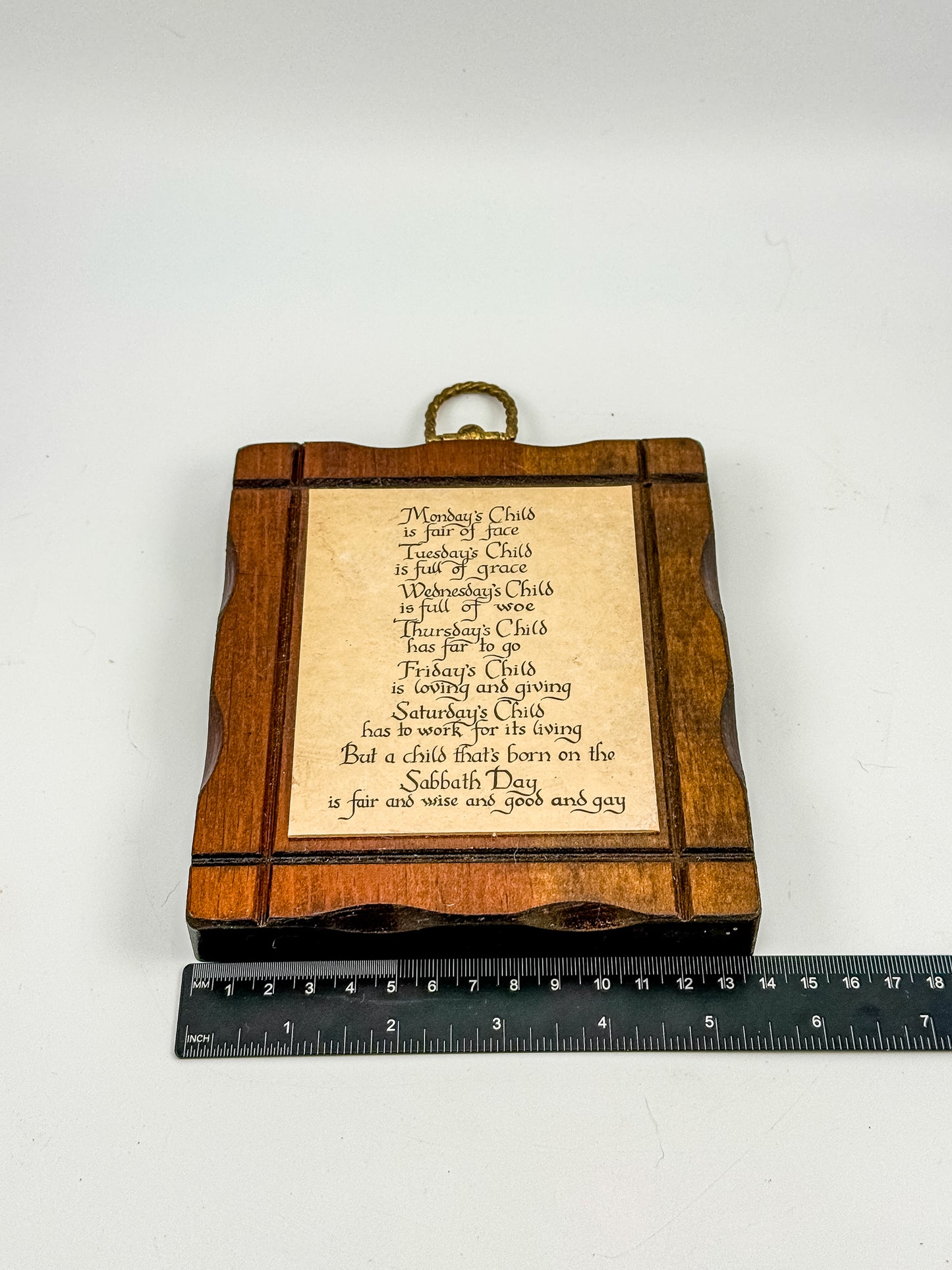 Vintage Monday's Child Nursery Rhyme Wood Wall Plaque | Calligraphy Script | Brass Ring Hanger