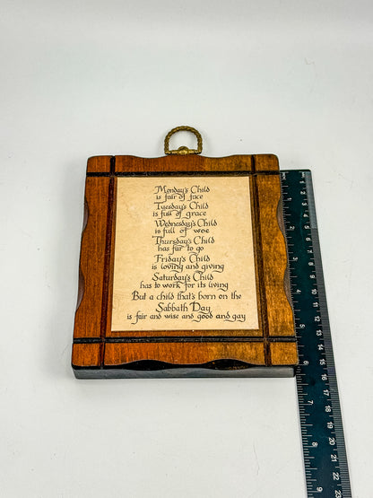 Vintage Monday's Child Nursery Rhyme Wood Wall Plaque | Calligraphy Script | Brass Ring Hanger