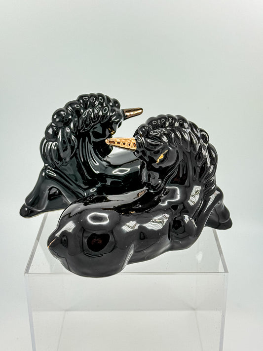 Black Ceramic Unicorn Figurines with Gold Accents | Matching Pair | Vintage Fantasy Decor