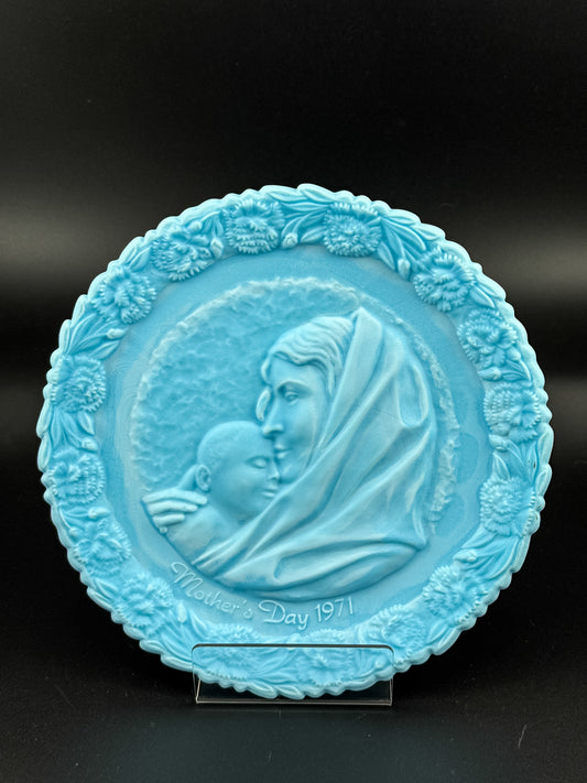 Fenton 1971 Mother's Day Blue Satin Milk Glass Plate | Madonna with the Sleeping Child | Collectible